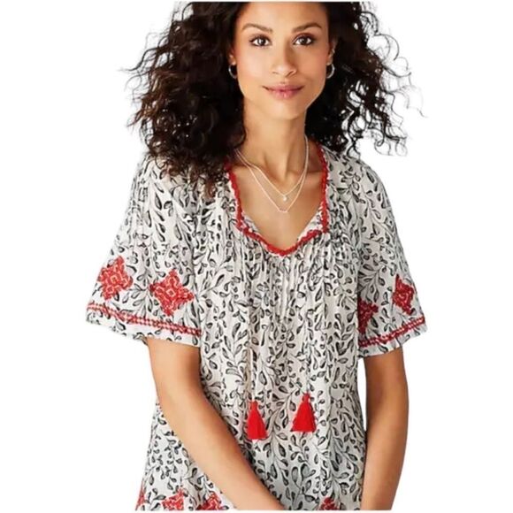 J. Jill XL White Black Red Floral Embroidered Short Sleeve Tasseled Blouse - Picture 2 of 10
